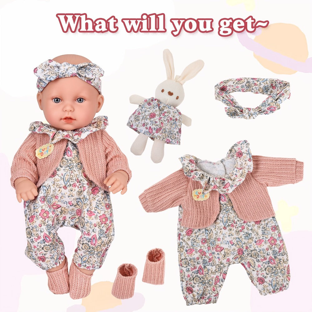 Floral Dress Baby Doll 12 Inch with Rabbit Plush Toy Gift Set – Realistic Vinyl Doll with Floral Outfit, Headscarf, Socks & Bunny Toy, Creative Dress-Up Playset for Girls Ages 3+, Birthday Holiday Gift