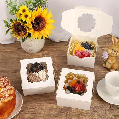 Treat Boxes 150pcs with Window | 4x4x2.5 Inch White Bakery Boxes | 3 Style Clear Window Gift Boxes for Dessert, Chocolate, Strawberries, Donuts, Cookies | Birthday Party, Wedding, Father's Day Packaging