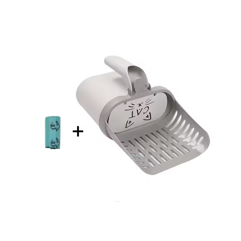 Cat Litter Scoop with Waste Bag Holder - Durable Plastic Litter Shovel with Removable Garbage Bag Dispenser, Easy Cleaning Tool for All Cat Breeds, Daily Litter Box Maintenance, Off-White