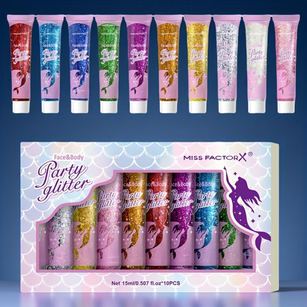 Holographic Glitter Gel Set 10 Colors Cosmetic Grade Face Body Makeup - Festival Rave Cosplay Anime Halloween Party Shimmer Skin Safe Easy Apply Remove
