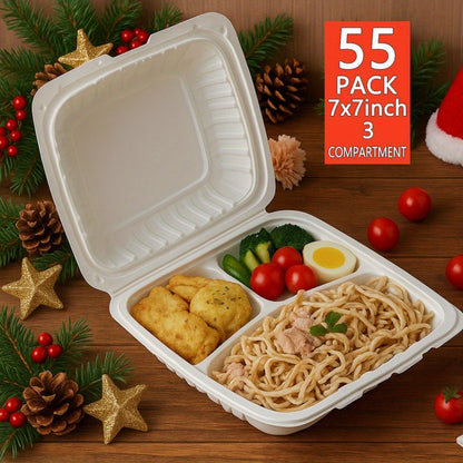 Disposable Food Containers Take Out Boxes with Lids - 7" 8" 9" Plastic Clamshell Meal Prep Containers BPA Free 1 & 3 Compartment Heavy Duty Reusable White