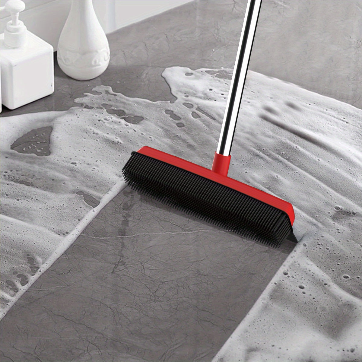 Pet Hair Removal Broom 2-in-1 Silicone Rubber Bristle Broom & Squeegee - Anti-Static Pet Fur Cleaner for Carpet, Hardwood & Tile Floors, Ideal for Dogs & Cats