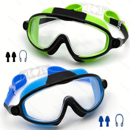HD Swim Goggles Set 2-Pack – Anti-Fog, Leak-Proof Silicone, Includes Earplugs & Nose Clips | Adjustable Fit for Beginner & Training