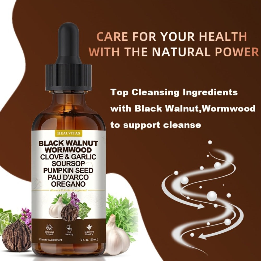 Gut Cleanse Herbal Tincture with Black Walnut Wormwood Berberine Soursop Oregano Garlic — Alcohol-Free Colon Detox Drops for Digestive Health | 2 fl oz Liquid Supplement