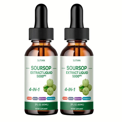 Soursop Liquid Drops 4-in-1 Bitter Concentrate with Black Seed Oil, Ashwagandha & Seaweed – High-Purity Graviola Extract for Immune Defense, Antioxidant & Stress Support | 2 fl oz | 1 or 2 Bottles