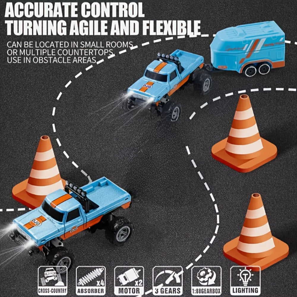 Mini RC Monster Truck 1:64 Scale Alloy Remote Control Car with LED Lights 2.4GHz Speed Steering Adjustable Kids Boys Gift