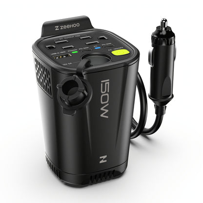 150W Car Power Inverter 12V DC to 110V AC – 2 AC Outlets, Dual 30W PD USB-C & 18W USB-A, Portable Vehicle Outlet Converter for Laptop, Camping & Road Trips