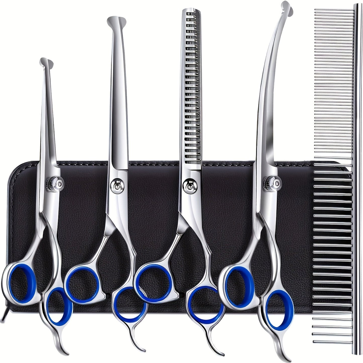 Dog Grooming Scissors Set 6-in-1 Titanium Coated Stainless Steel Pet Shears Safety Round Tip for Dogs Cats Universal Hand Orientation Professional