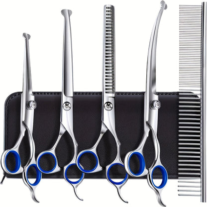 Dog Grooming Scissors Set 6-in-1 Titanium Coated Stainless Steel Pet Shears Safety Round Tip for Dogs Cats Universal Hand Orientation Professional