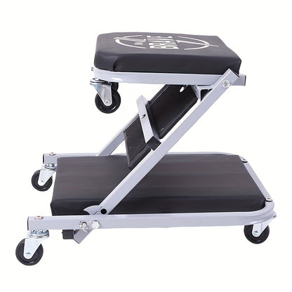 36" Heavy-Duty 3-In-1 Folding Crawler. Professional-Grade with Adjustable Z-Seat (Tilt/Recline). Features 6 Lockable Casters And A 350-650 Lb Capacity. The Essential Red/Black Tool for Multi-Purpose Automotive Repair