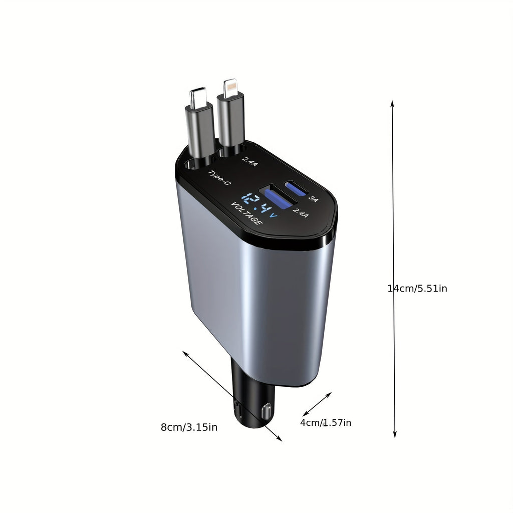 120W Retractable 4in 1 Fast Charging Car Charging Cable 4 Ports Car Charger Adapter Compatible with iPhone 15/ 14/ 13/ 12/ 11 Galaxy Pixel and All iOS and Android Devices - Safe and Reliable Car Plug