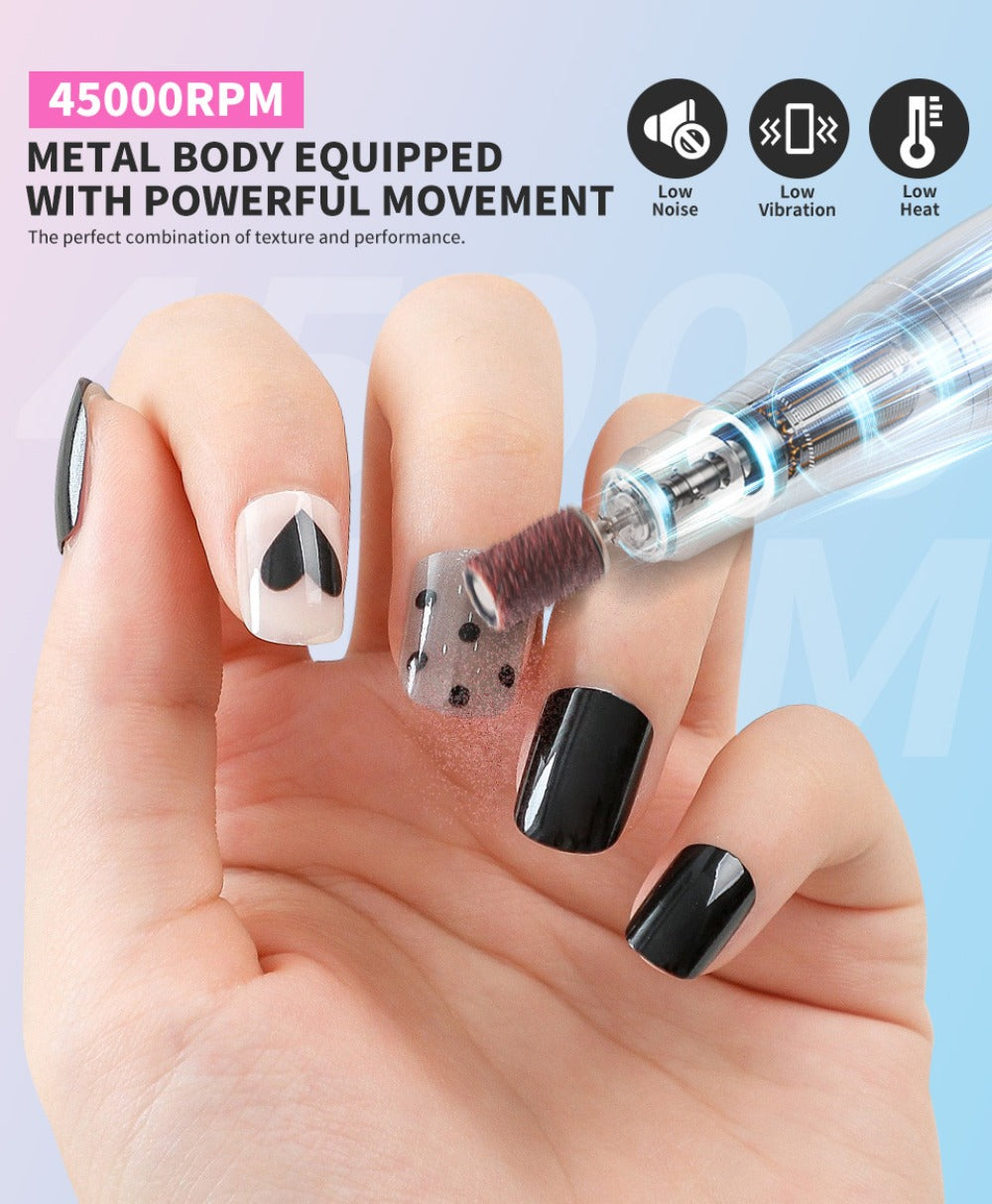 Electric Nail Drill Kit 45000 RPM LCD Display USB Rechargeable Portable E-File Acrylic Gel Removal Polishing Forward Reverse Low Noise Home Salon Manicure Pedicure Gradient Grey White