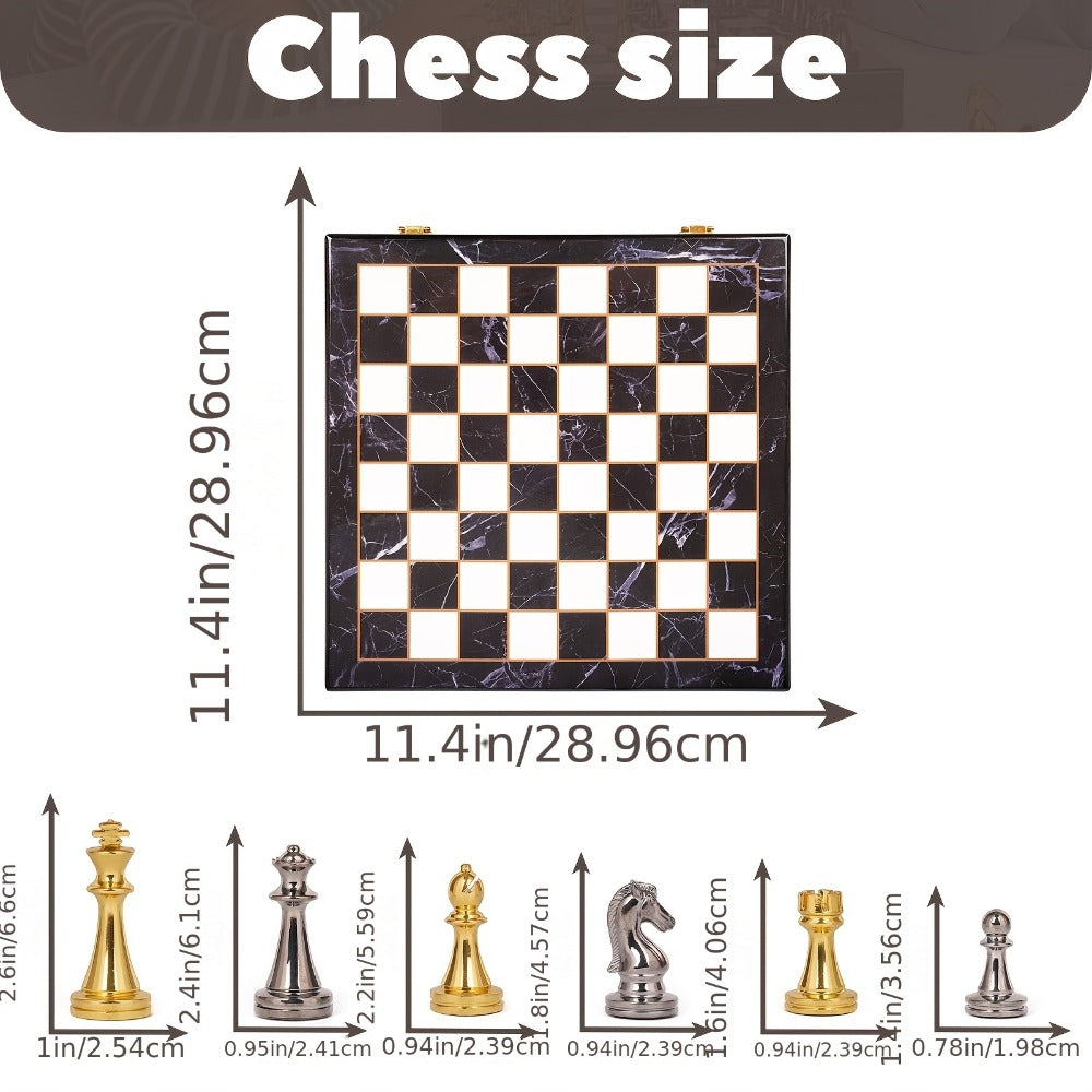 Luxury Metal Chess Set with Marble Board – Zinc Alloy Gunmetal & Gold Pieces Extra Queens 11.5" Elegant Chessboard Gift for Adults Beginners Home Office Decor