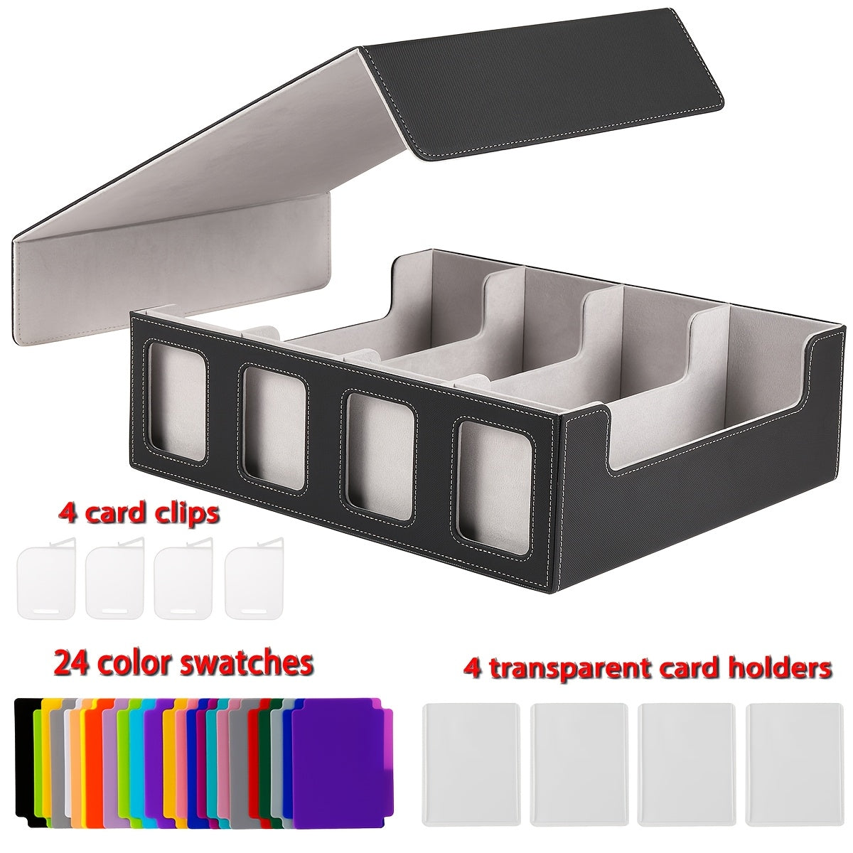 Magnetic Card Storage Box 1200+ Cards with Display Window – 24 Color Dividers 4 Sleeves Grid Boards, Trading Card Organizer for Pokemon MTG Sports YuGiOh TCG, Blue Red Gray Purple