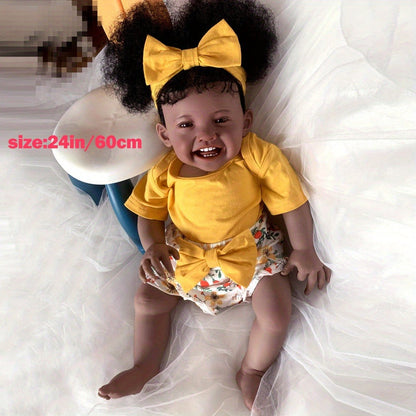 Black Reborn Baby Girl Doll 24 Inch Dark Brown Skin Soft Silicone Newborn Rooted Hair Cloth Body Magnetic Pacifier Lifelike Art Doll Gift for Kids Collectors Christmas Birthday