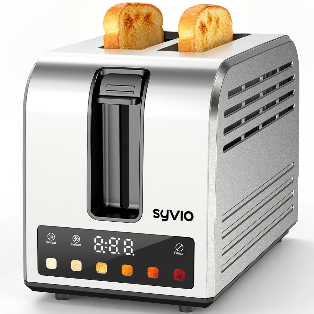 Toaster 2-Slice Stainless Steel Smart Touchscreen – 5 Bread Types, 6 Browning Levels, Wide Slots, Temperature Control, Removable Crumb Tray, Compact Kitchen Toaster