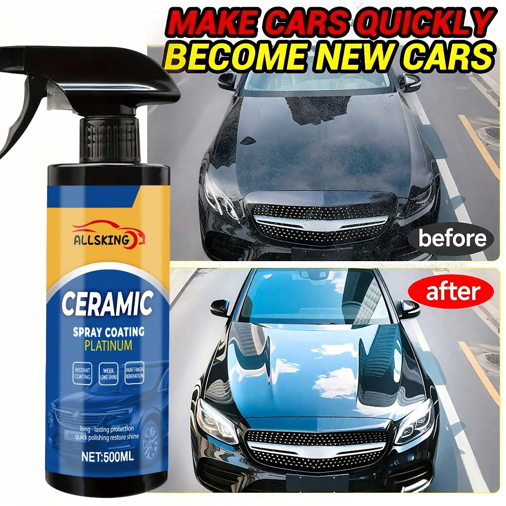 Ceramic Coating Spray for Cars - 3-in-1 Nano Polish, Scratch-Resistant Glossy Protective Layer, Compatible with All Paint Types, Includes Sponge & Towel (16.91oz)