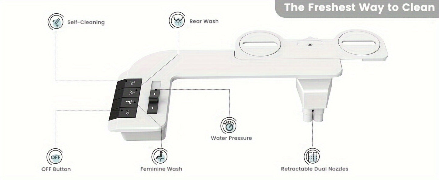 Bidet Attachment for Toilet - Dual Retractable Nozzle Non-Electric Self-Cleaning Fresh Water Bidet Sprayer, Adjustable Water Pressure, Fits Most Toilets, Brass T-Adapter & Metal Hose Included, Easy Install