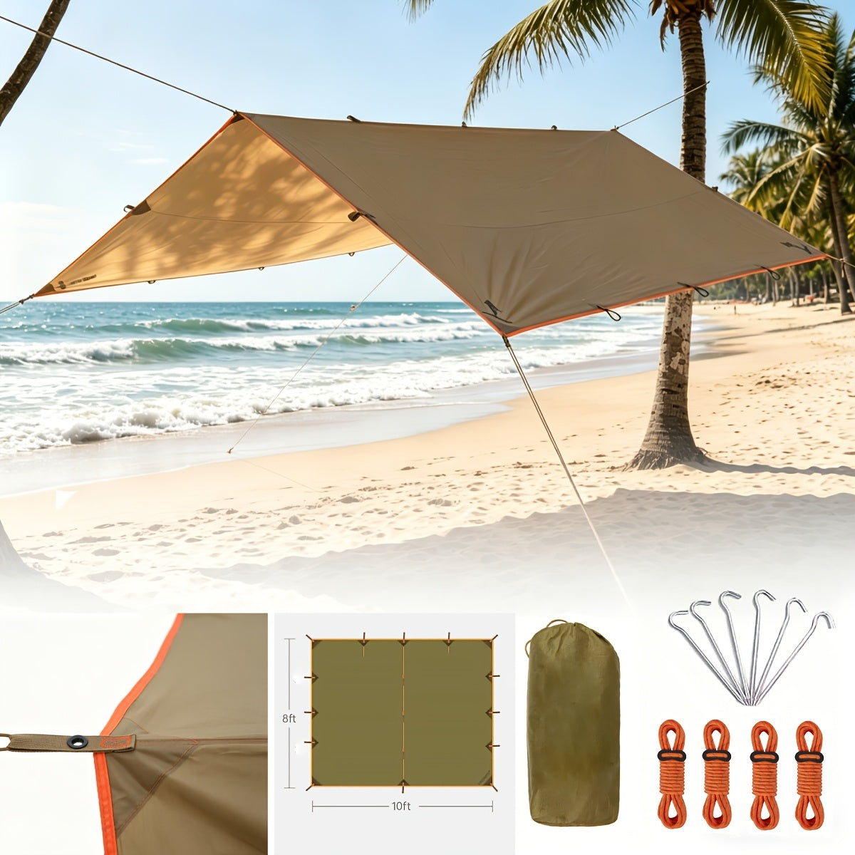 Camping Tarp Canopy with UV Protection – Portable Foldable Waterproof Shelter Tent for Backpacking, Hiking, Garden, Outdoor Survival | Multiple Colors & Sizes
