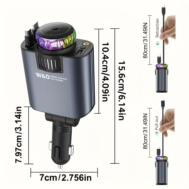 Perfume Is Sold Separately,New Aromatherapy Car Charger,3-in-1 Retractable Car Charger with Starlight Projector, Fast Charging Car Phone Charger with 2.6ft Retractable Cable and USB-C Port, for IPhone17/16 MaxforGalaxy S26/25