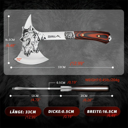 Viking Hatchet High Carbon Steel – Full Tang Camping Axe with Nylon Sheath & Gift Box | Animal Carved Handle for Wood Splitting, Hunting & Outdoor Adventure
