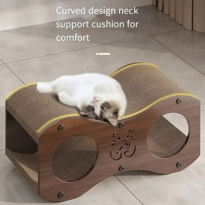 Cat Scratching Post with Integrated Cat Bed - Sturdy Walnut Wood Base, 4-Season Woven Scratch Pad, Indoor Cat Scratcher Lounge for Scratching, Lounging & Play, Oak Color with Optional Cat Toy