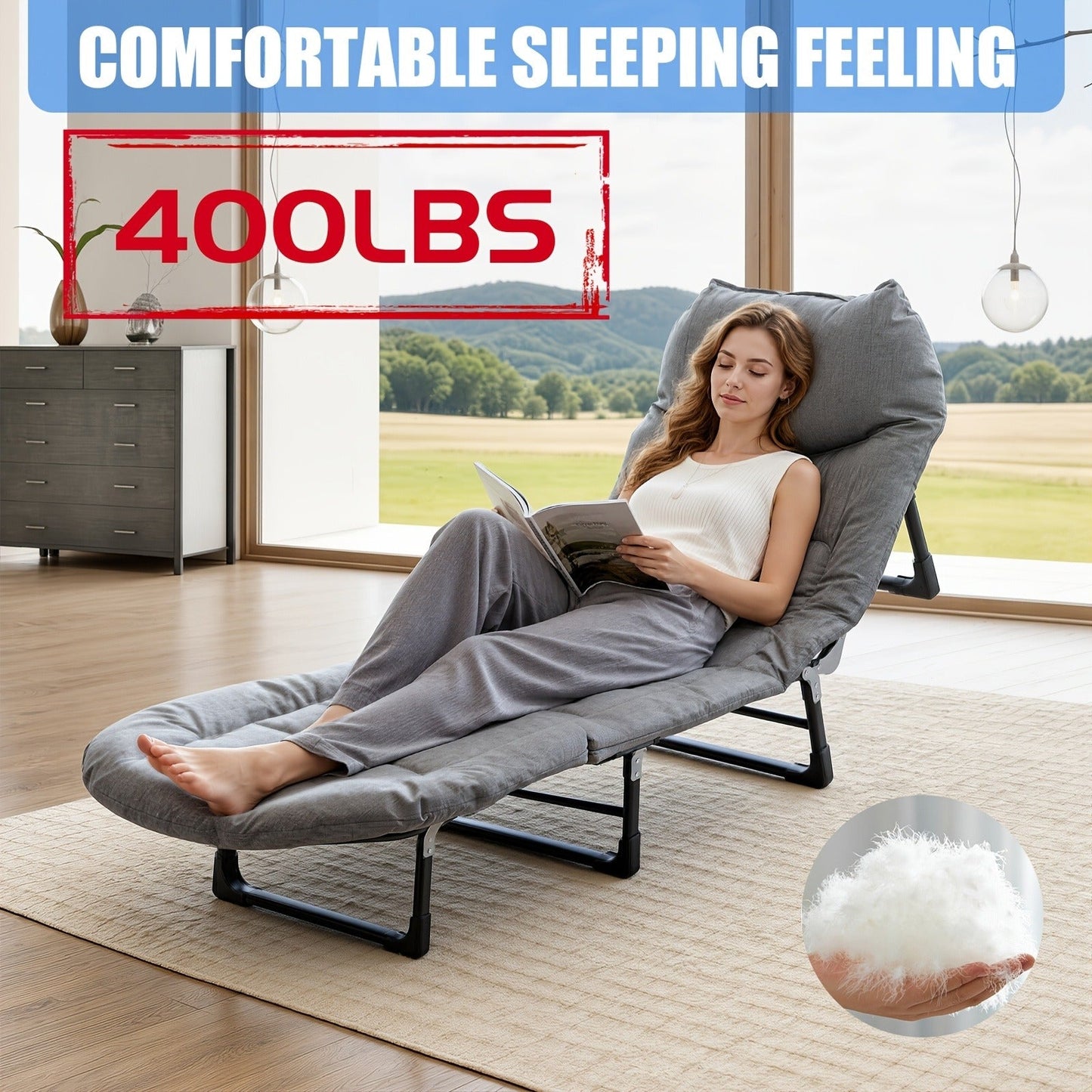 Portable Folding Camping Bed Heavy Duty 400 500 600 LBS Capacity Upgraded Cushion Outdoor Foldable Cot with Flip Mattress Carry Bag for Adults Teens Travelers Garden Balcony