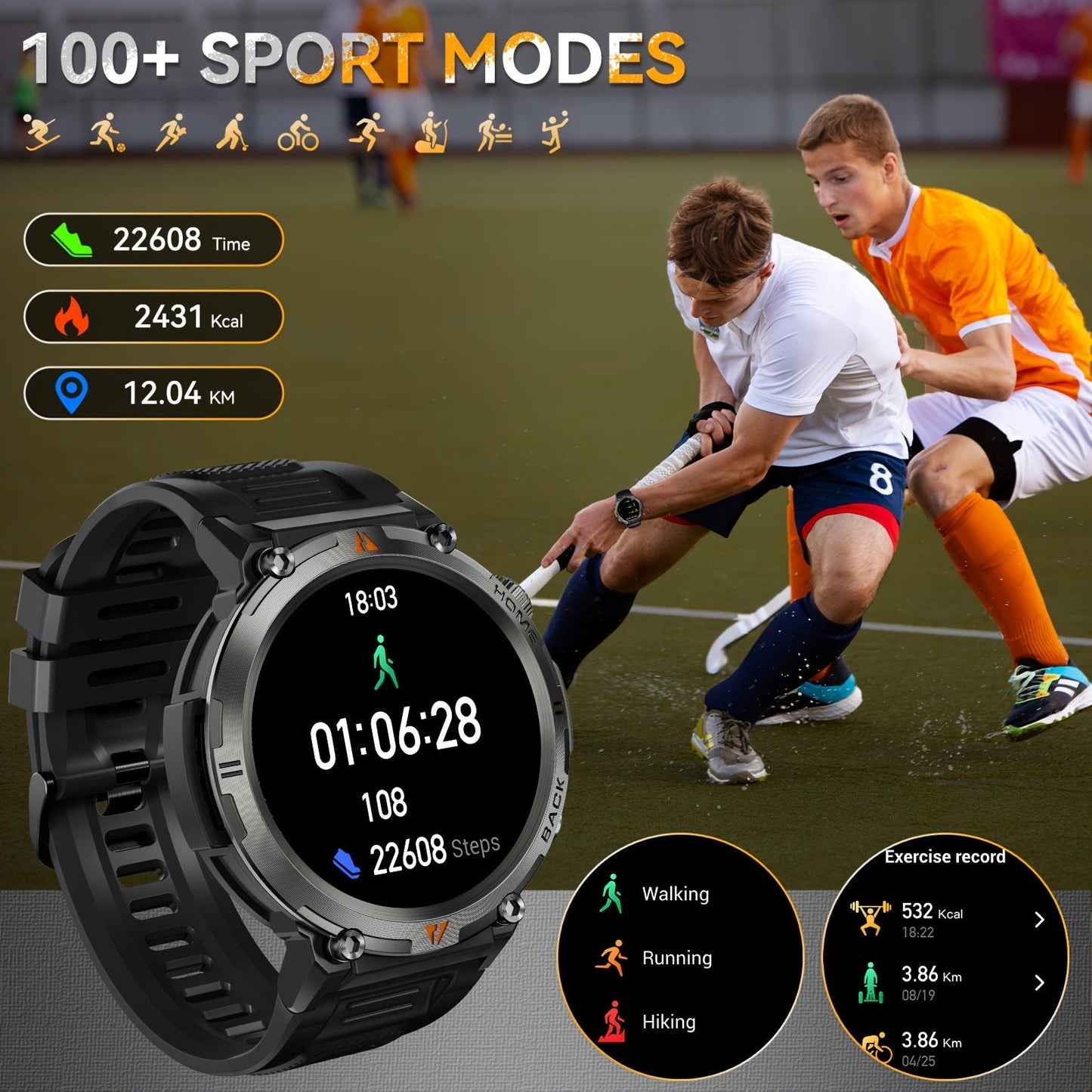 EIGIIS KE3 Rugged Smartwatch for Men – Wireless Calling, HD 1.45" Screen, LED Light, Fitness Tracker, iPhone & Android