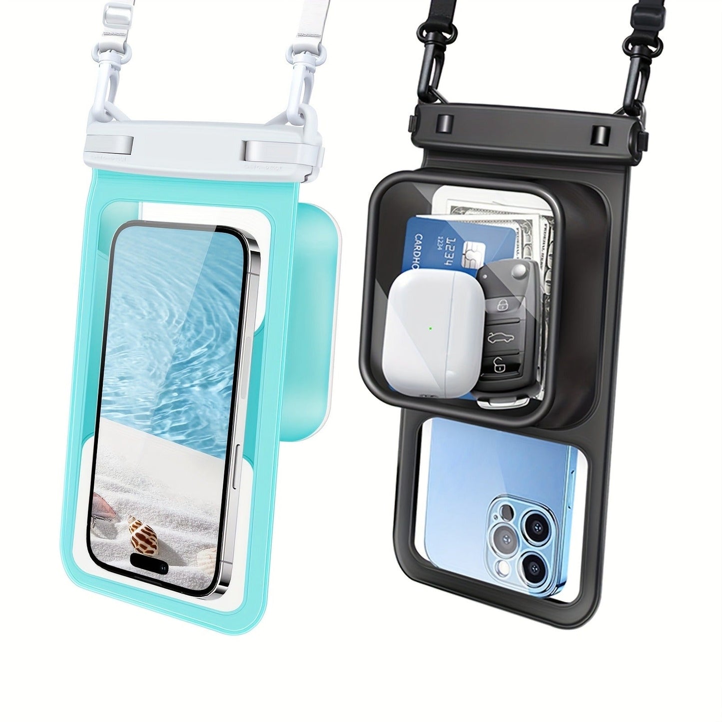 Waterproof Phone Pouch 2-Pack Double Layer Black & Cyan – PVC Dry Bag for Swimming, Rafting & Water Sports, Fits Up to 7.5", Dual Compartment with Adjustable Lanyard & Double Hook for Kayaking, Beach & Camping