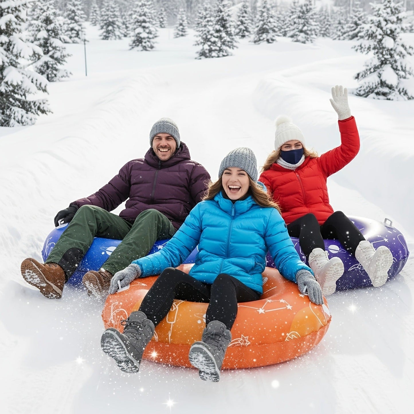 Inflatable Snow Tubes Set of 3 – Heavy-Duty PVC Sled Tubes 36 & 40 Inch with Anti-Slip Handles, Portable Winter Snow Sleds for Kids & Adults, Outdoor Family Fun, Christmas & Holiday Sledding