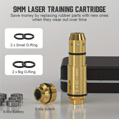 Dry Fire Laser Training Cartridge Multi-Caliber – 9mm 45ACP 223Rem 380ACP 357Sig 308Win 12GA 40Cal 6.5mm 7.62x39 | H59 Brass | Class IIIA Red Laser | Aperture Aiming | Batteries Included