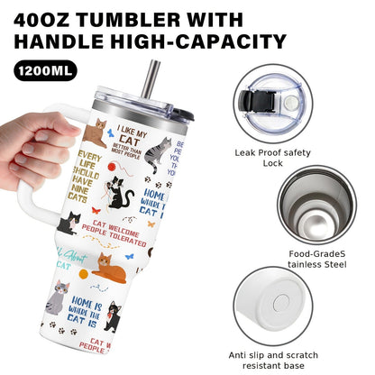 Cat Tumbler 40oz with Lid & Straw – 304 Stainless Steel Insulated Cat Lover Gift Cup for Women, Girls & Adults, Ideal for Outdoor Sports, Camping & Daily Use