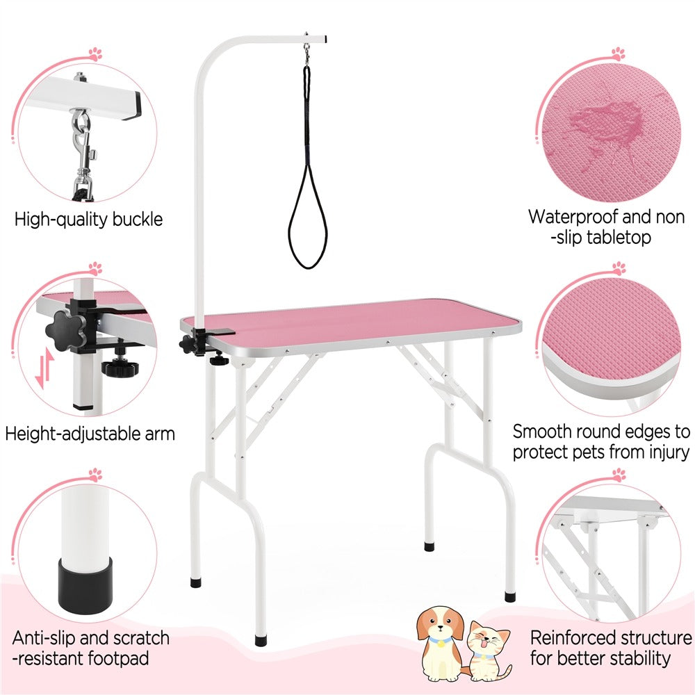 Pet Grooming Table Foldable with Height Adjustable Arm – Non-Slip Waterproof Surface, Folding Legs, Sturdy Metal Frame, Professional Dog Cat Beauty Trimming Table for Home & Salon