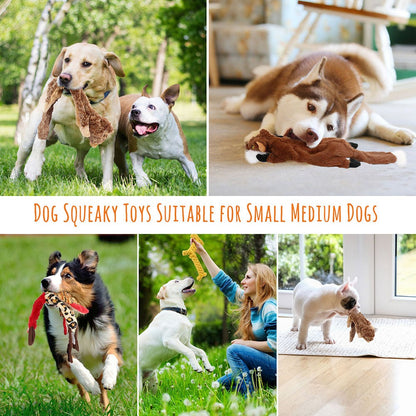 Squeaky Dog Toys 5-Pack No Stuffing Plush Chew Toy Bundle - Durable Animal Toys for Small Medium Large Dogs, Double Squeaker Puppy Teething Toy Set with Bonus Cotton Rope Toy