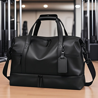 Gym Duffel Bag with Wet Pocket & Shoe Compartment - Foldable PU Leather Sports Travel Bag for Workouts, Weekend Trips & Everyday Use, Lightweight Carry-On Luggage Bag for Men Women (Black/Blue/Grey)