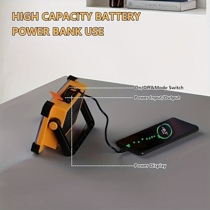 Solar Rechargeable LED Floodlight Flashlight, IP44 Waterproof 4500 Lumens Ultra-Bright Portable Camp Light, USB & Solar Dual Charging 2200mAh, 4 Modes Indoor Outdoor Lighting for Camping, Fishing & Car Maintenance