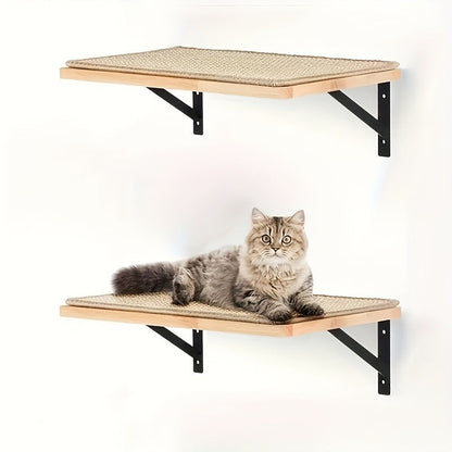 Sisal Mat Wall-Mounted Cat Climbing Frame with Hammock Wooden Perch Observation Platform Scratch Pad Indoor Cat Wall Furniture Resting Area
