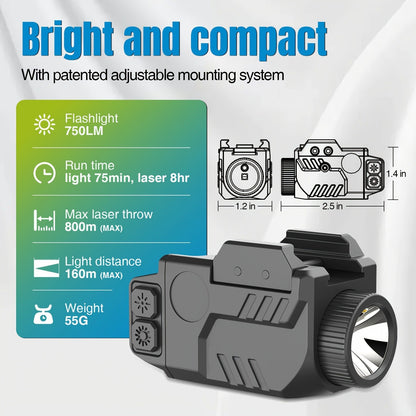 Handgun Light & Laser Combo - 750 Lumen Rechargeable Pistol Flashlight with Red/Green/Blue Laser Sight, Strobe Function, Picatinny Rail Mount for Tactical & Home Defense