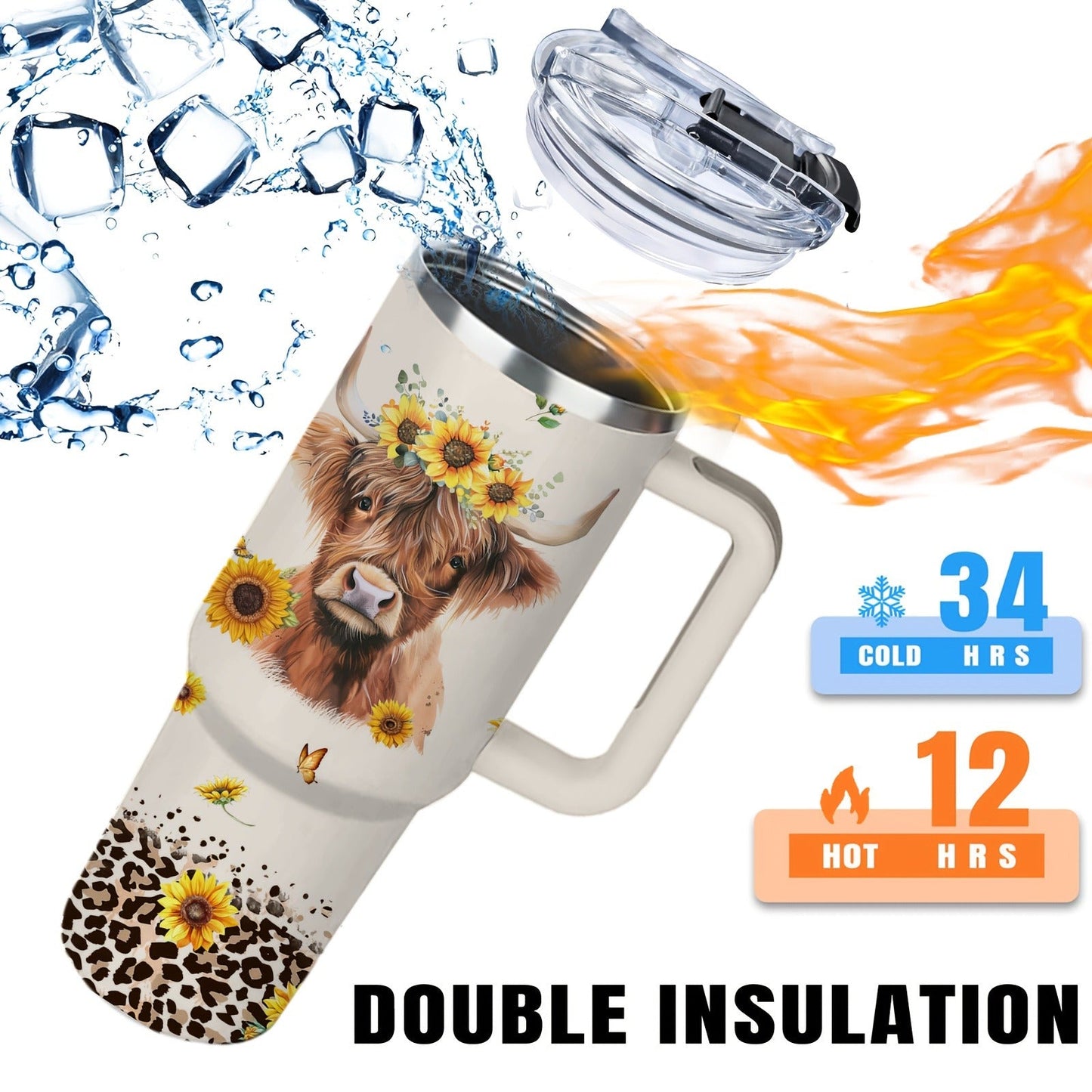 40oz Stainless Steel Tumbler with Handle and Lid - Cow Print Insulated Travel Cup for Hot & Cold Drinks, Double Wall Vacuum Tumbler for Camping, Sports & Outdoor Use, Cute Cow Lover Gift for Birthday & Holiday