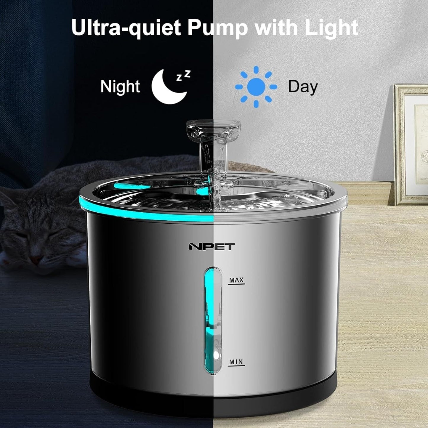 Cat Water Fountain Stainless Steel 50oz/1.5L - Ultra Quiet Auto Pet Water Dispenser with LED Light, Visible Window & Dishwasher Safe - Includes Replacement Filters for Cats & Dogs Indoor