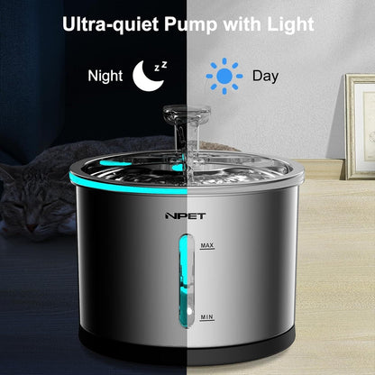 Cat Water Fountain Stainless Steel 50oz/1.5L - Ultra Quiet Auto Pet Water Dispenser with LED Light, Visible Window & Dishwasher Safe - Includes Replacement Filters for Cats & Dogs Indoor