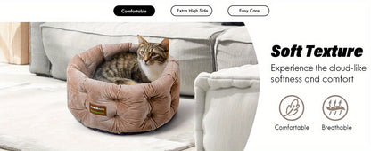 Cat Bed Round Deep Nest for Indoor Cats up to 15lbs, Luxurious Velvet Feel Extra High Sides, Machine Washable Non-Slip Bottom, Cozy Donut Cat Bed 20x20 in Steel Blue & Warm Beige