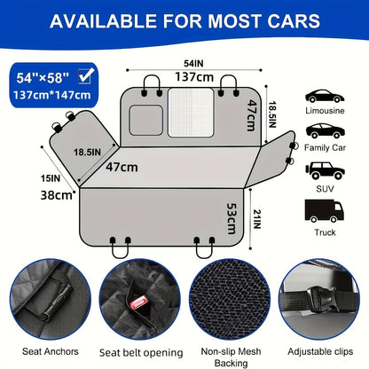 Dog Car Seat Cover Pet Hammock Waterproof Scratchproof Non-Slip Back Seat Protector with Mesh Windows & Storage Pockets, Universal Fit for Cars Trucks SUVs, Durable Nylon Pet Travel Accessory