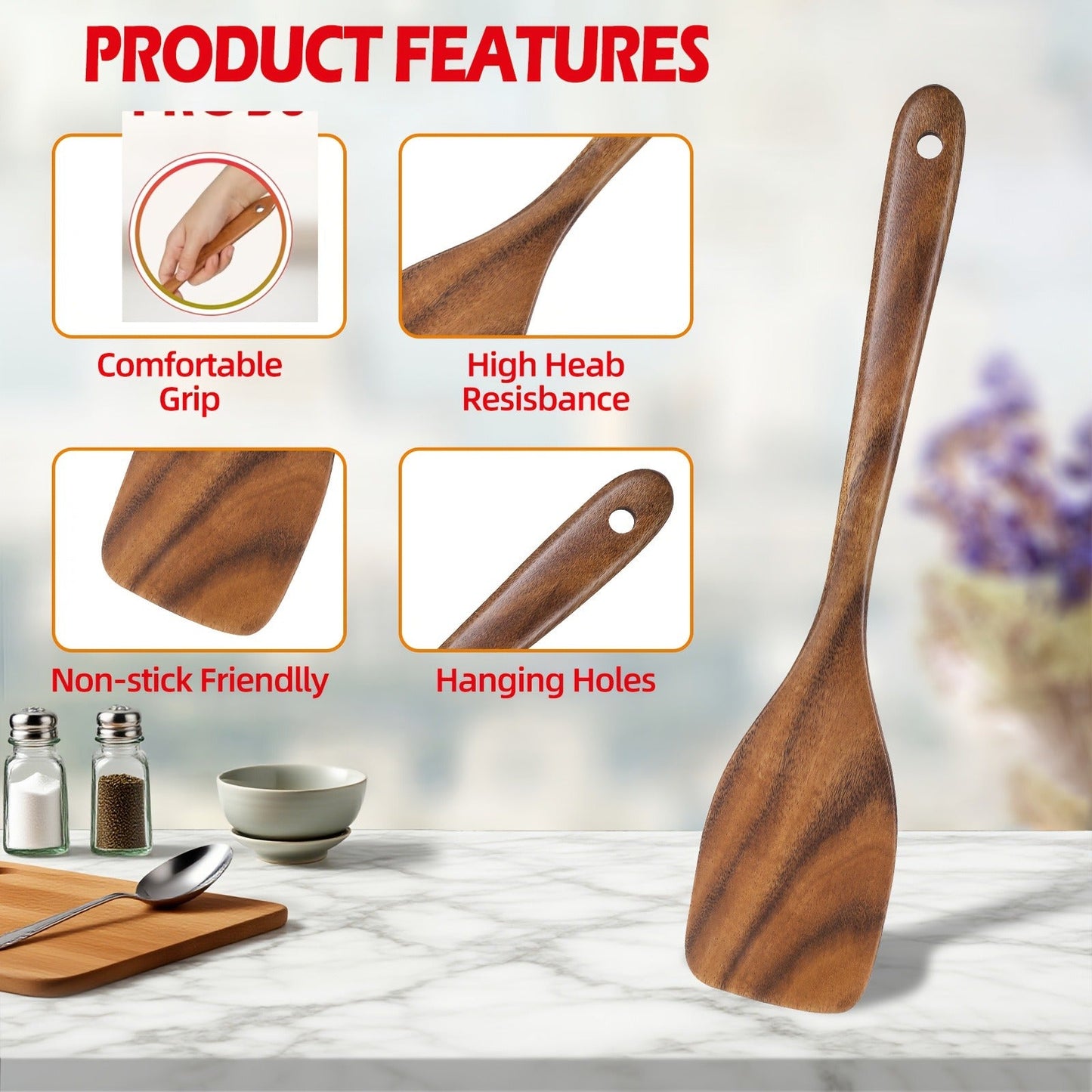 Wooden Cooking Utensils Set 6 Piece – Teak Wood Non-Stick Kitchen Tools with Comfortable Grip | Sturdy, Lightweight & Heat-Resistant Utensils for Indoor & Outdoor Cooking