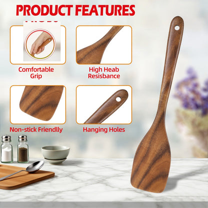 Wooden Cooking Utensils Set 6 Piece – Teak Wood Non-Stick Kitchen Tools with Comfortable Grip | Sturdy, Lightweight & Heat-Resistant Utensils for Indoor & Outdoor Cooking