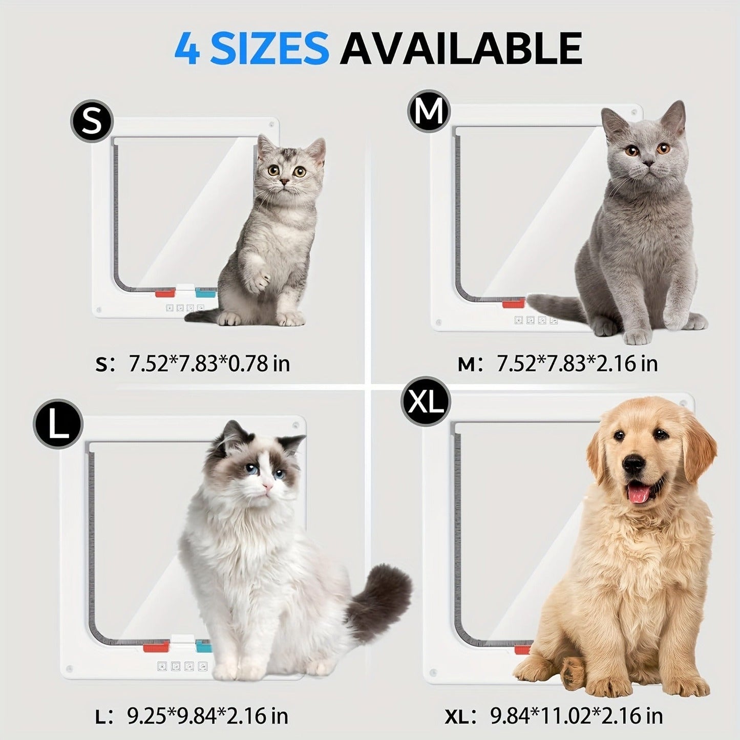 Cat Door & Dog Door with 4-Way Safety Lock – Weatherproof Flip Pet Door for Cats & Dogs, M/L/XL Sizes in White, Black & Coffee, Bonus Rainbow Ball Toy Included