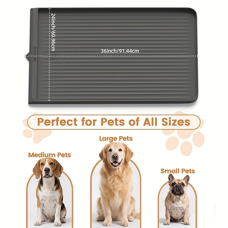 Waterproof Pet Feeding Mat 36"x24" Non-Slip Dog Bowl Mat with Raised Edges & Diversion Grooves - Large Food and Water Mat for Dogs & Cats, Easy-Clean Floor Protector, Grey
