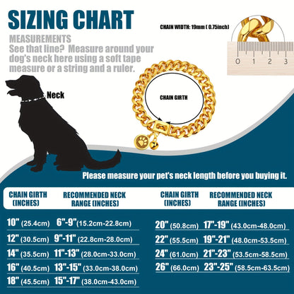 Cuban Link Dog Chain Collar – 19mm Gold Plated Stainless Steel with Snap Lock, 6 Sizes for Puppy Small Medium Large Dogs