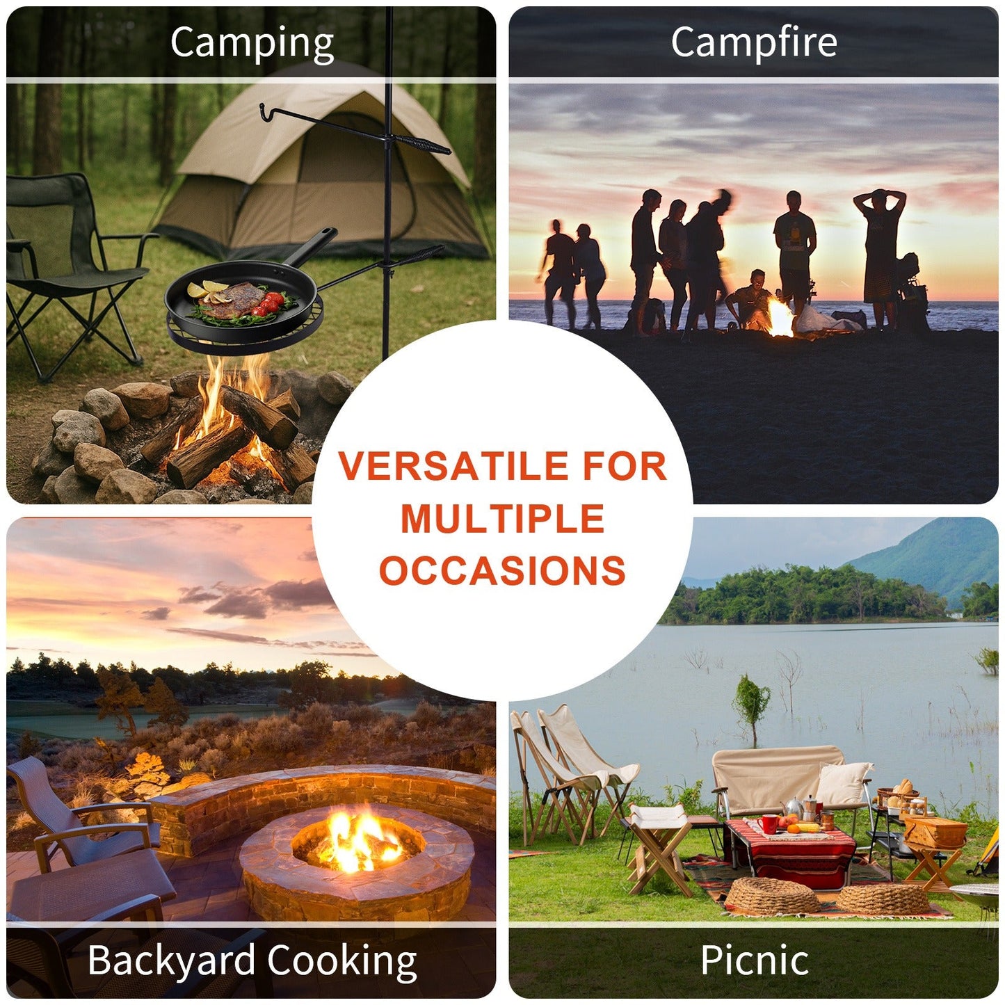 Campfire Grill Grate with Hanging Pole – Height Adjustable, 360° Rotation, 48" Thick Steel Pole, Swivel Grate Ring for Kettle, Dutch Oven & Pan – Portable Open Fire Cooking Grill for Camping & Outdoor