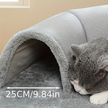 Cat Tunnel Bed 3-in-1 Play Mat & Warm Nest with Non-Slip Base, Durable Chew-Resistant Polyester Cat Bed for Indoor Cats, Soft Gray White Design, S & M Sizes for Cats Rabbits Hamsters